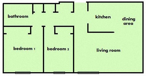 Floor plan for 2 beds, 1 bath, 725 sqft